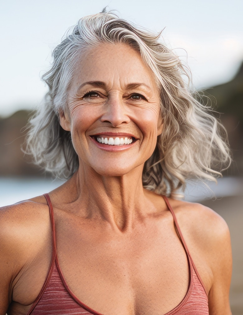 Femme souriante dans la cinquantaine en forme je suis une femme menopause - Hind clinique de beaute Montpellier